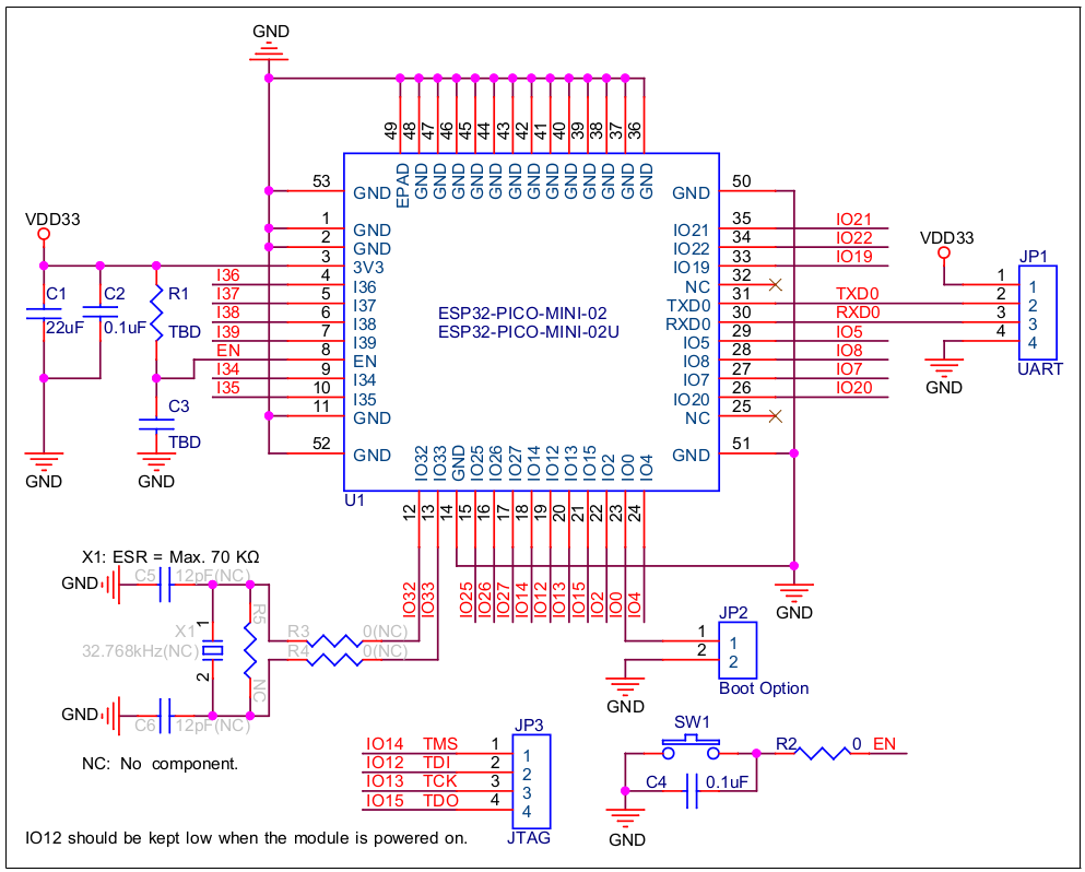 Schematic of an example circuit using the esp32 module.