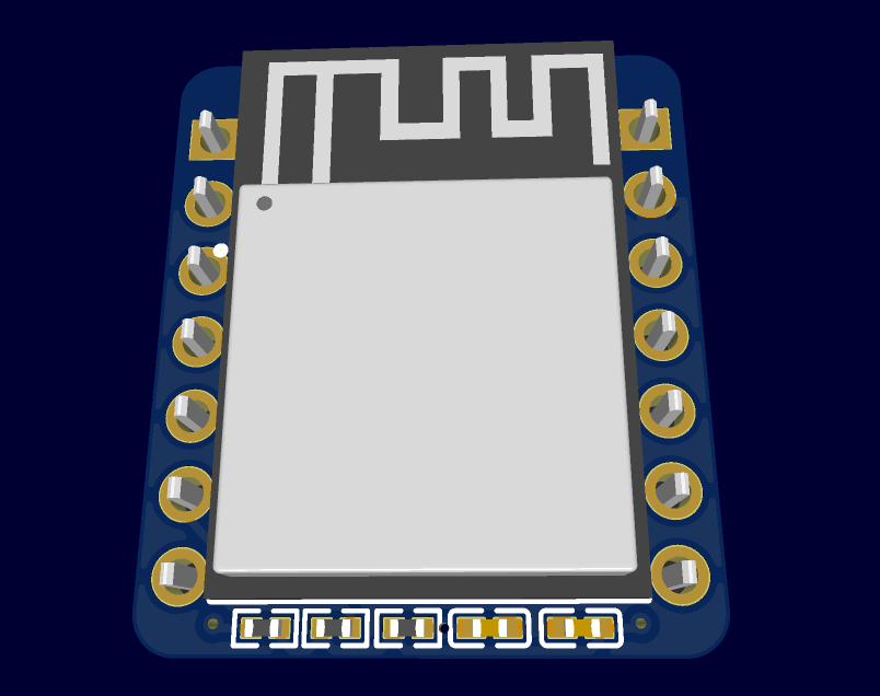 A rendering of a PCB with an esp32 module.